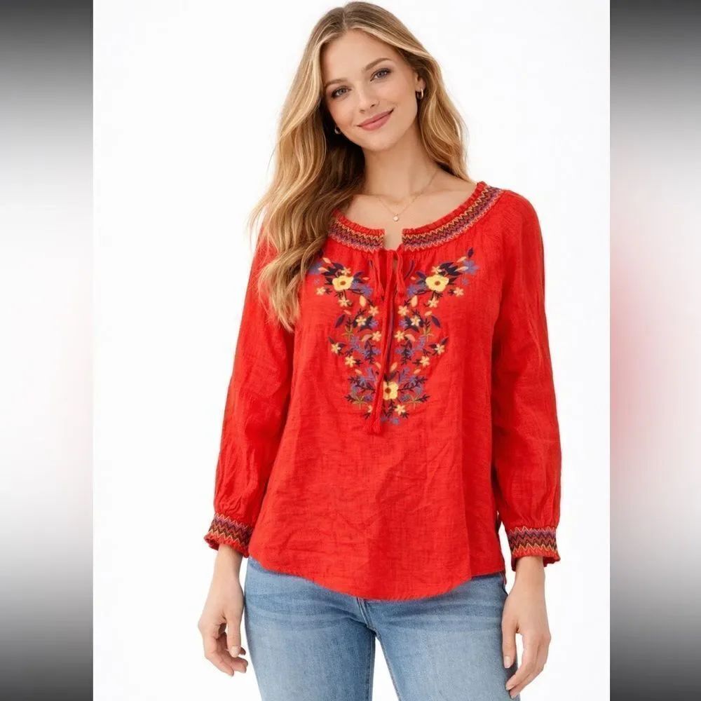 Ko Ko Ailis Women's Embroidered Smock Blouse 100% Cotton Size Small